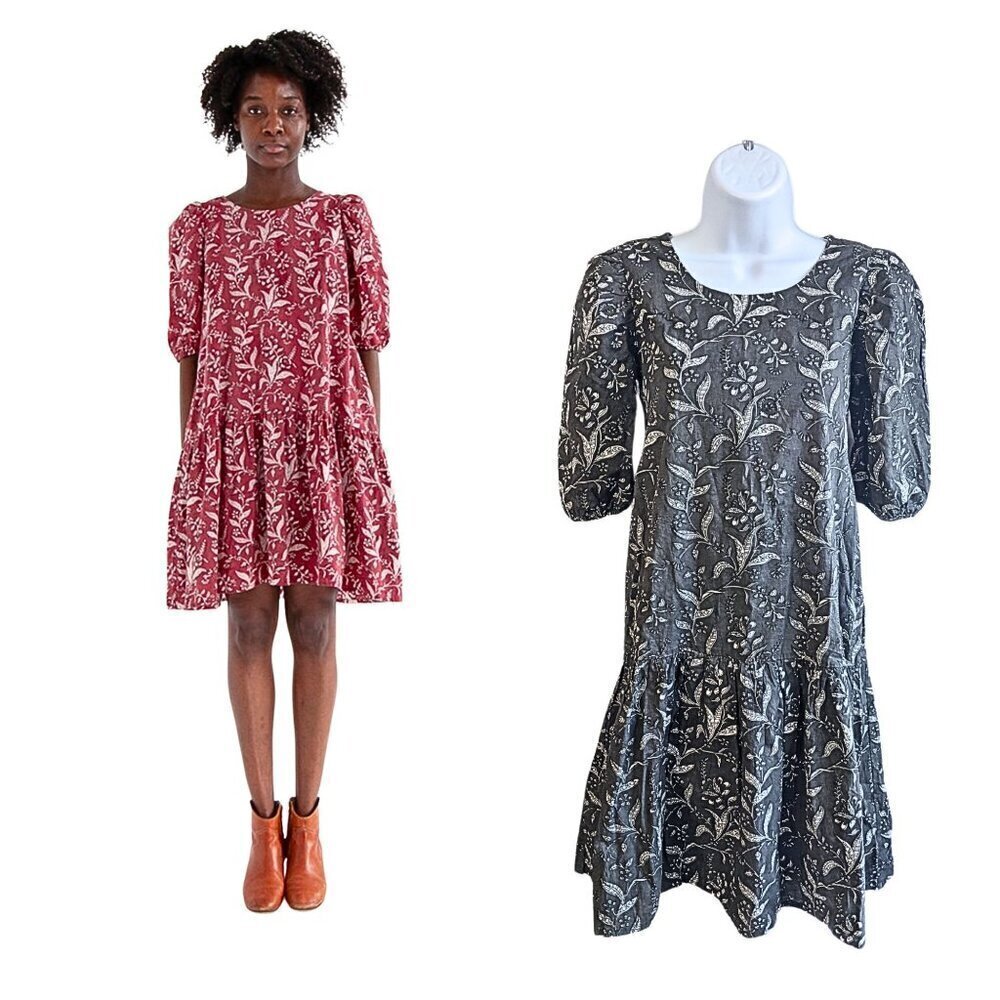 NWT MATTA Kenia Dadra Ghat Blue 100% Organic Cotton Smock Puff Mini Dress Sz XS